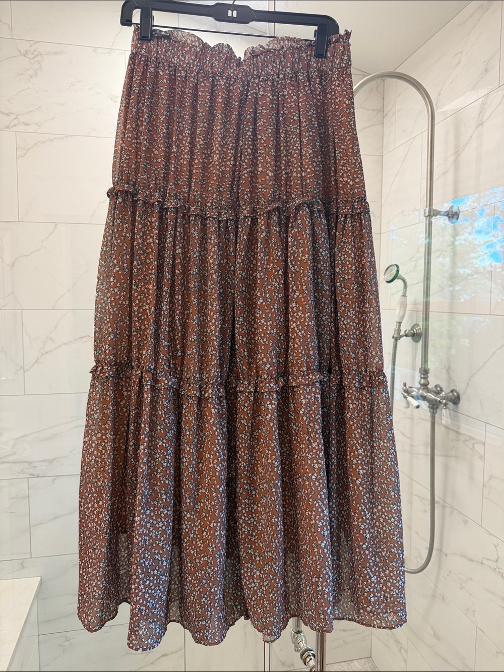 Anthropologie blue tassel Women's Brown Floral Tiered Maxi Skirt small